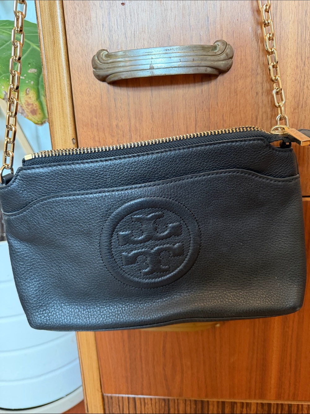 Tory Burch Black Pebbled Leather Crossbody with Gold Chain Strap